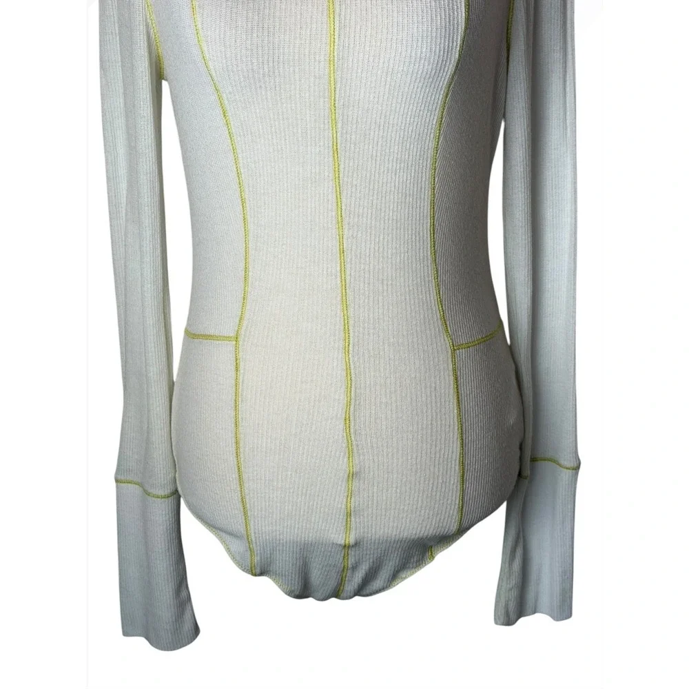 Free People Out of This World Bodysuit Women Small Ivory Yellow Ribbed Knit Boho